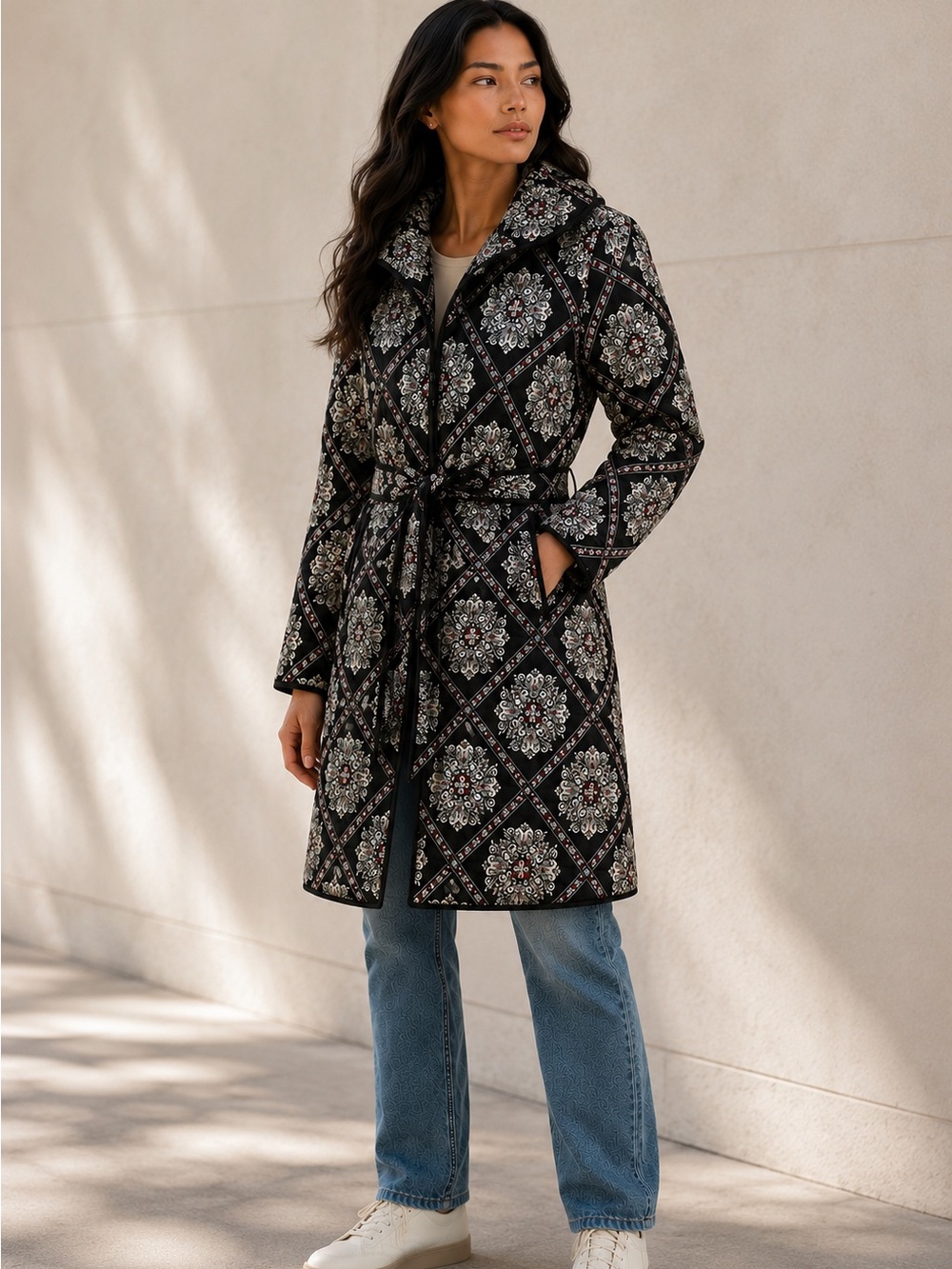 NWT Avec Les Filles Black Quilted Print Belted Trench Coat S